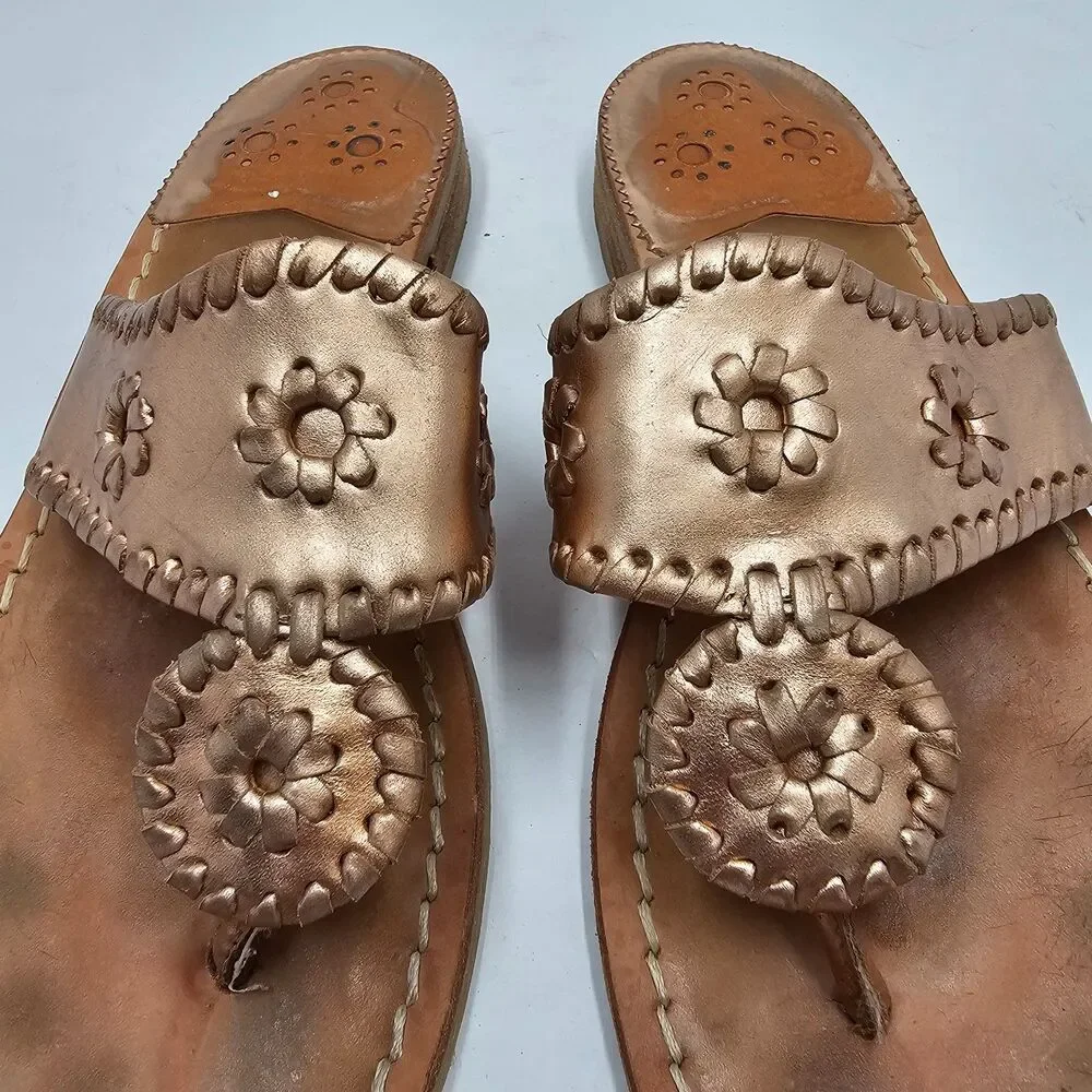 Jack Rogers Jacks Metallic Rose Gold Leather Round Medallion Sandals Womens 7